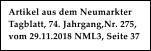 Artikel aus dem Neumarkter Tagblatt, 74. Jahrgang,Nr. 275,  vom 29.11.2018 NML3, Seite 37